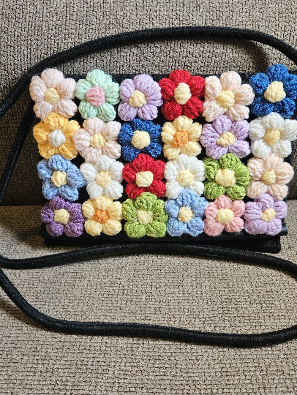 Colorful Puff Flower Crochet Crossbody Bag Purse